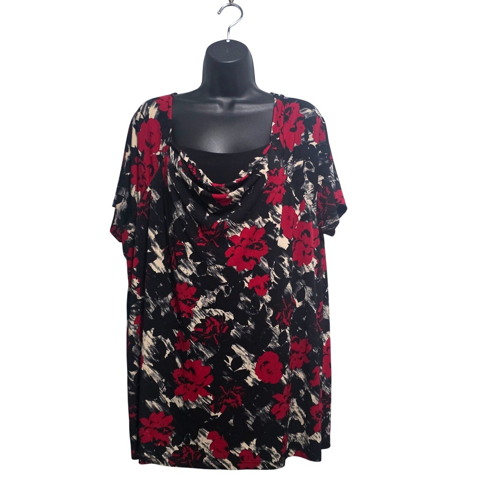 George Womens 2X Red Black Floral Cowl Neck Short Sleeve Blouse GW1003P
